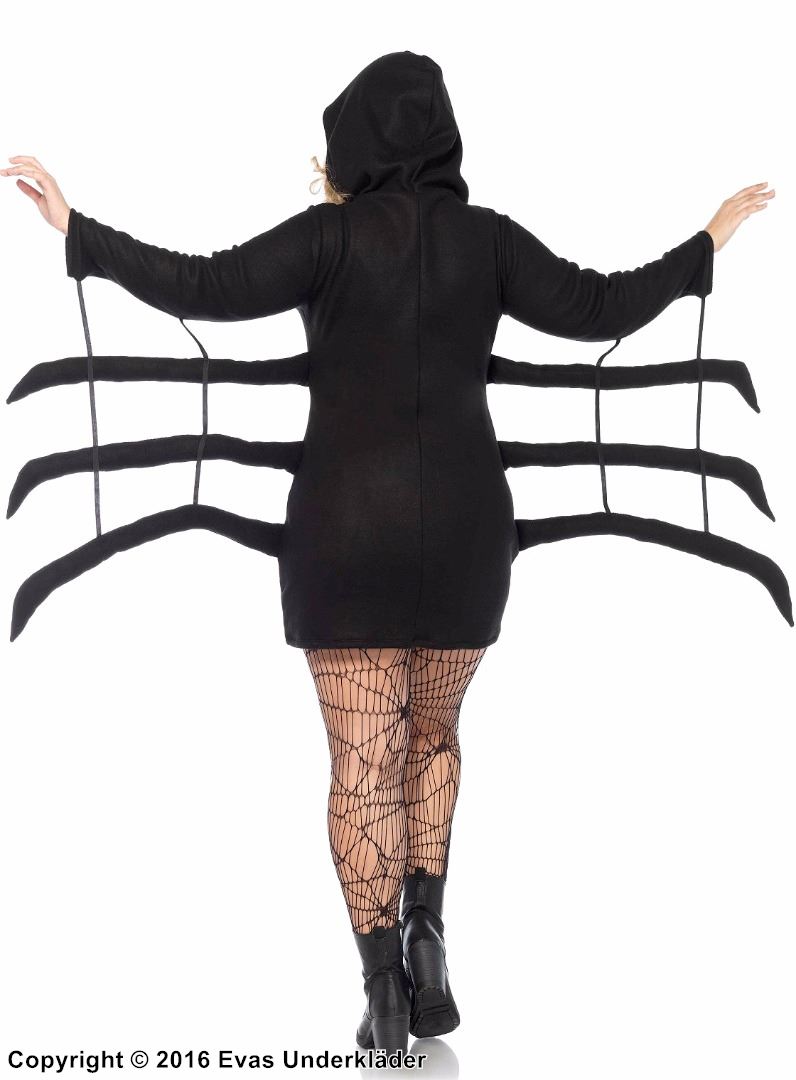 Black widow spider, costume dress, long sleeves, hood, front zipper, spider legs, XS to 4XL